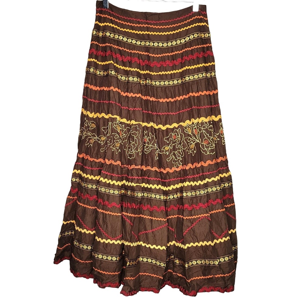 Maxi Skirt Festival Y2K Small Brown Embroidered Tiered Cotton Boho Rickrack